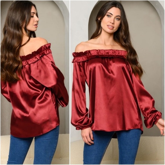 LAST1️⃣New Beautiful Off The Shoulder Burgundy Silk Like Top - Picture 2 of 8